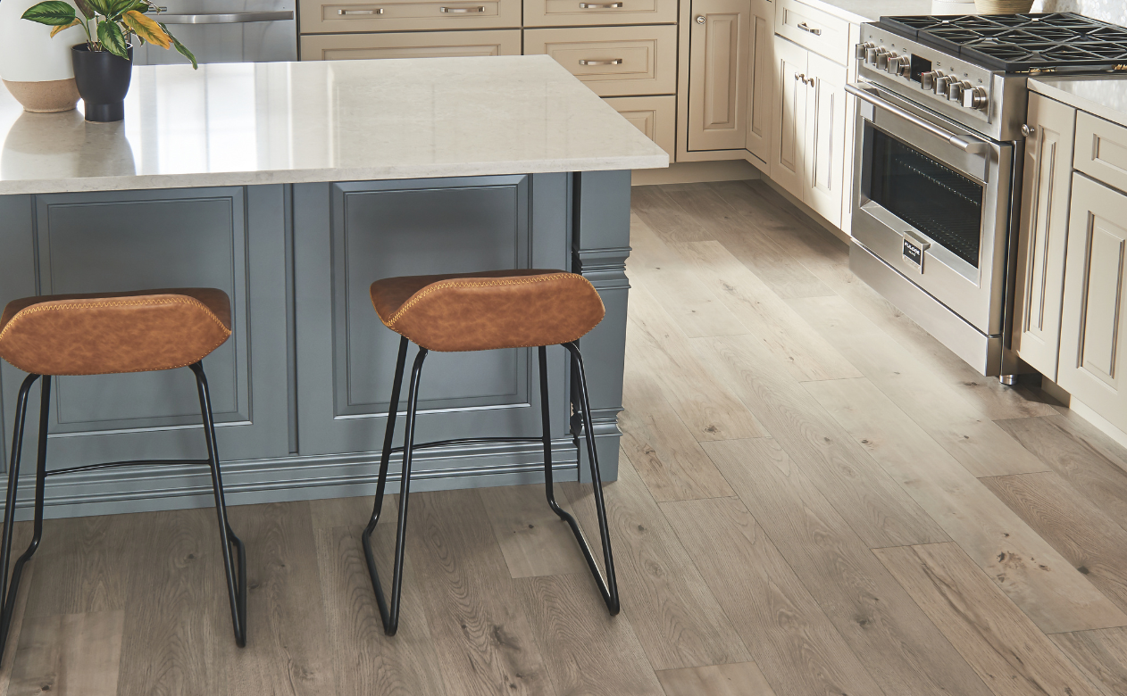 Laminate flooring in a kitchen with barstools