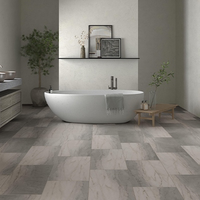 tile flooring in bathroom with bath tub